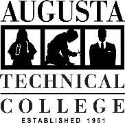 The Augusta Technical College Logo that is black in color.  The logo is a square shape that contains vertical stacking of the words Augusta Technical College Established 1961.  The words Augusta and Technical are separated by a row containing three squares.  Each square contains a silhouette image.  The first square contains a female with a white stethoscope around her neck.  The second square contains a person kneeling to the right wearing a welding helmet and holding a welding torch.  The third square contains a man standing at attention wearing a black business suit with a white pocket square, white collar dress shirt, and a black neck tie.